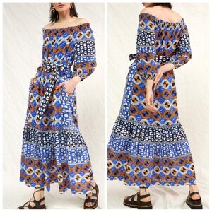 Anthropologie Abstract Geometric Flounced Off-The-Shoulder Maxi Dress Sz S Boho